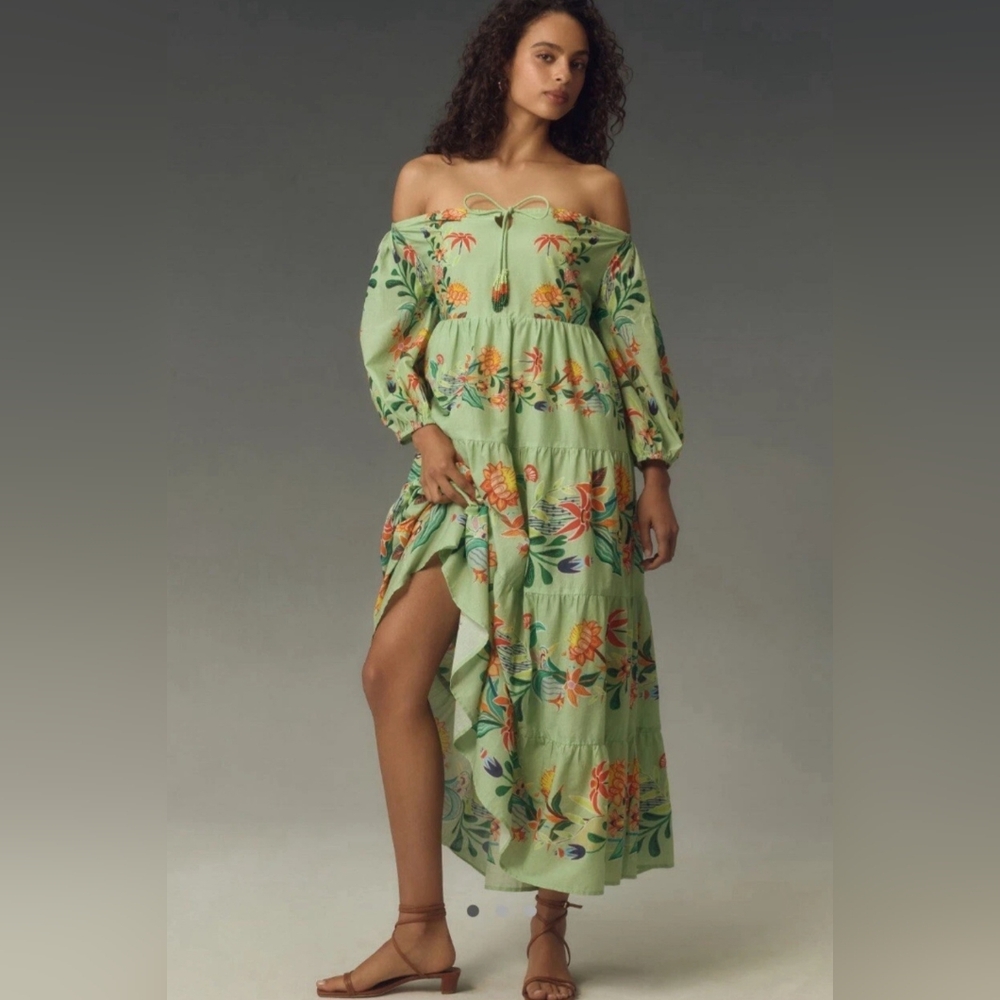 Farm Rio x Anthropologie Off-The-Shoulder Tiered Floral Midi Dress (XXS)